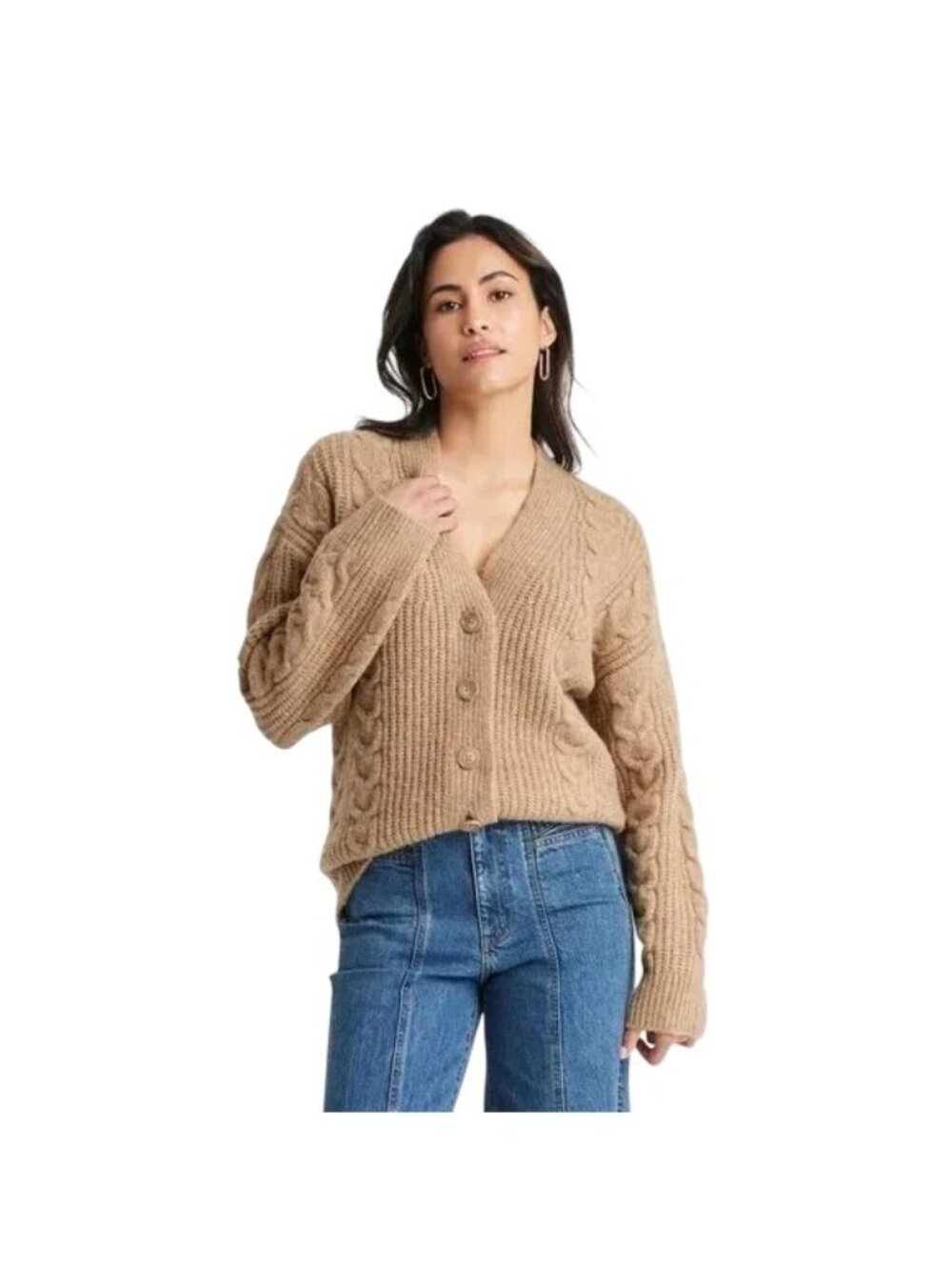 Universal Thread Cardigan Sweater Size Medium Cable Knit Button Front Tan Comfy